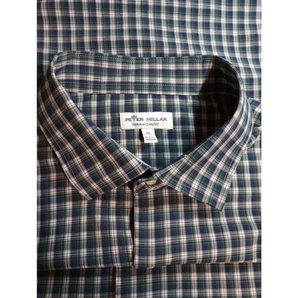 Peter Millar Shirt Men's Extra Large Summer Comfort Green Navy Button Front Long - Picture 5 of 8